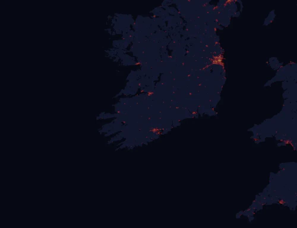NASA satellite night-lights map of Munster with every place marked