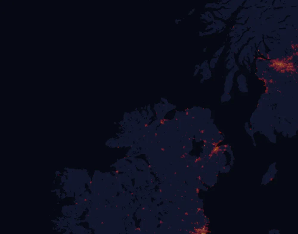NASA satellite night-lights map of Ulster with every place marked