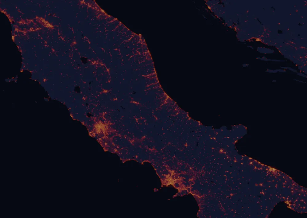 NASA satellite night-lights map of Abruzzo with every place marked