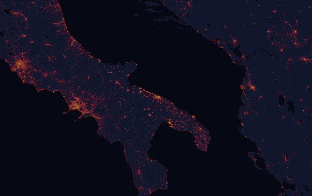 NASA satellite night-lights map of Apulia with every place marked