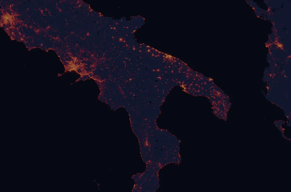 NASA satellite night-lights map of Basilicata with every place marked