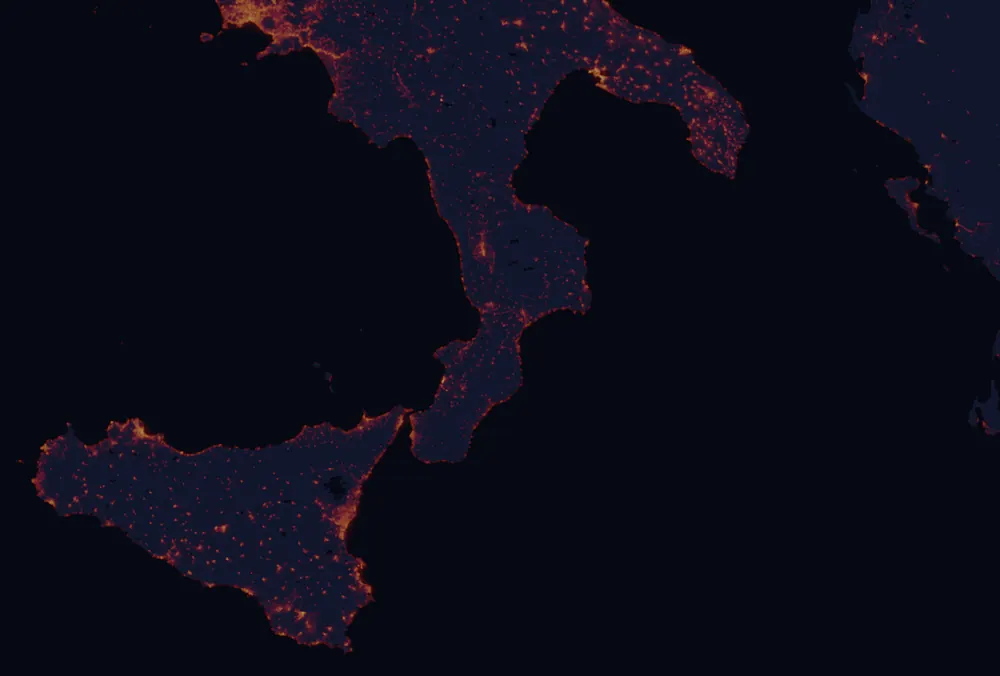 NASA satellite night-lights map of Calabria with every place marked