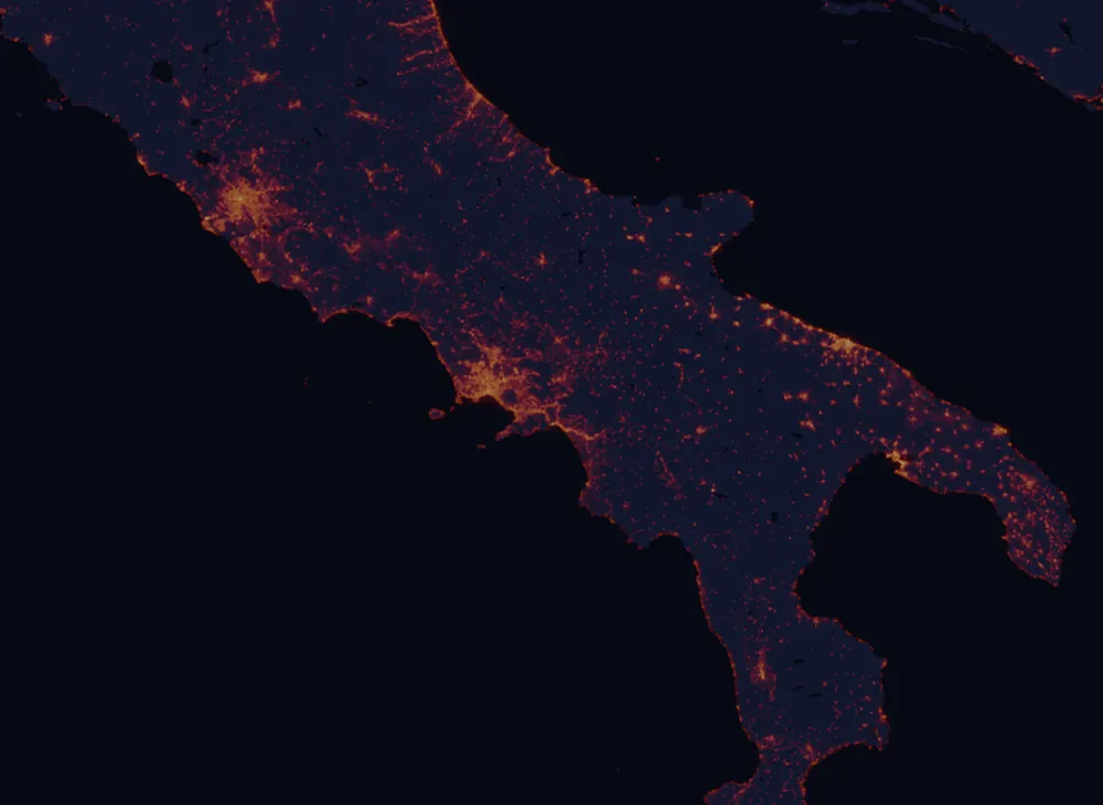 NASA satellite night-lights map of Campania with every place marked