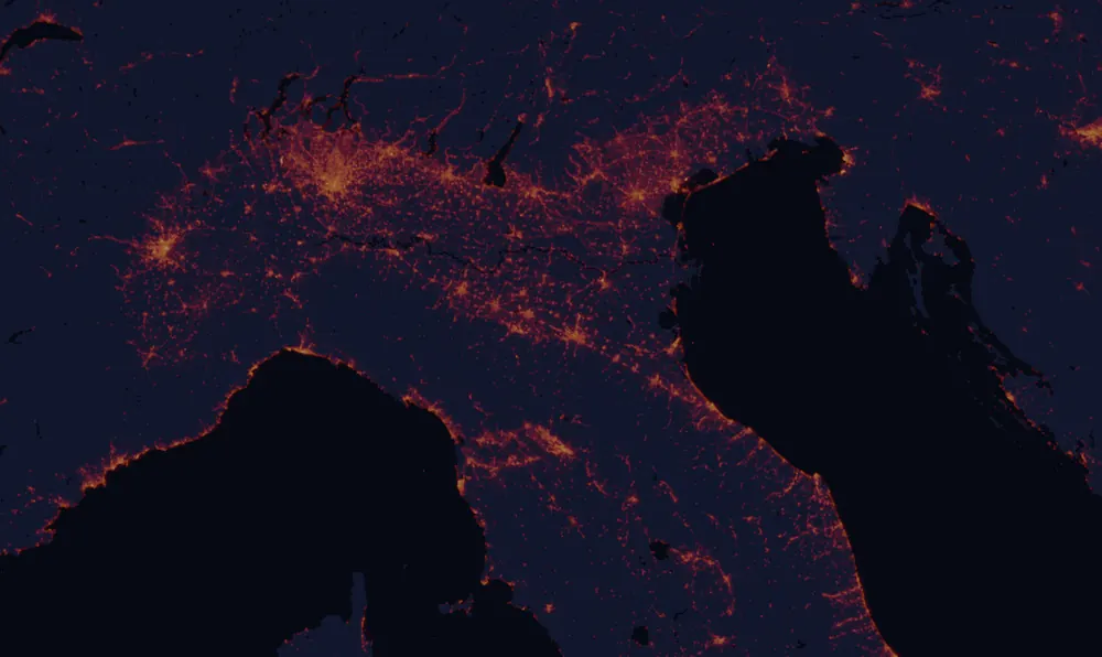 NASA satellite night-lights map of Emilia-Romagna with every place marked