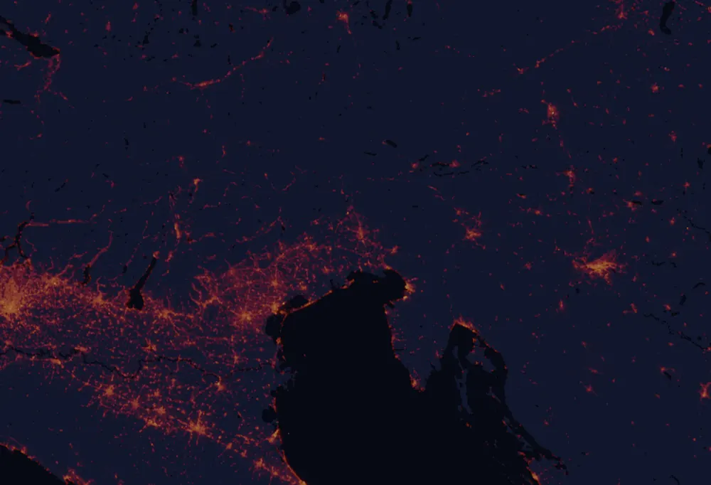 NASA satellite night-lights map of Friuli Venezia Giulia with every place marked