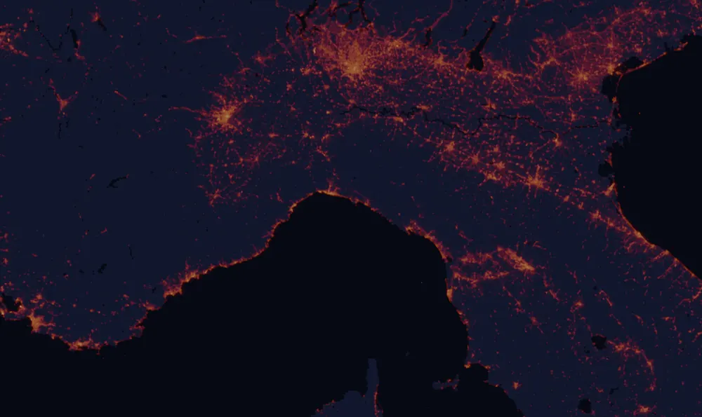 NASA satellite night-lights map of Liguria with every place marked