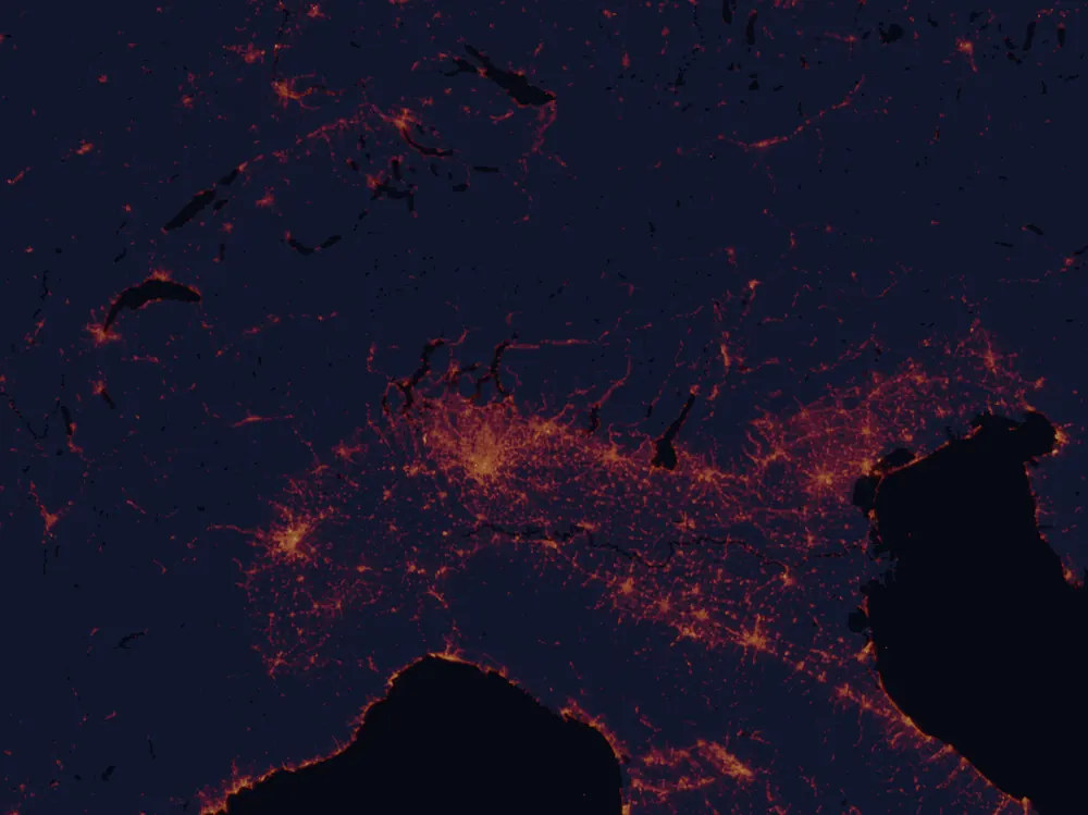 NASA satellite night-lights map of Lombardy with every place marked