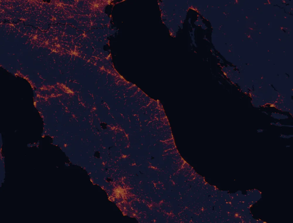 NASA satellite night-lights map of Marche with every place marked