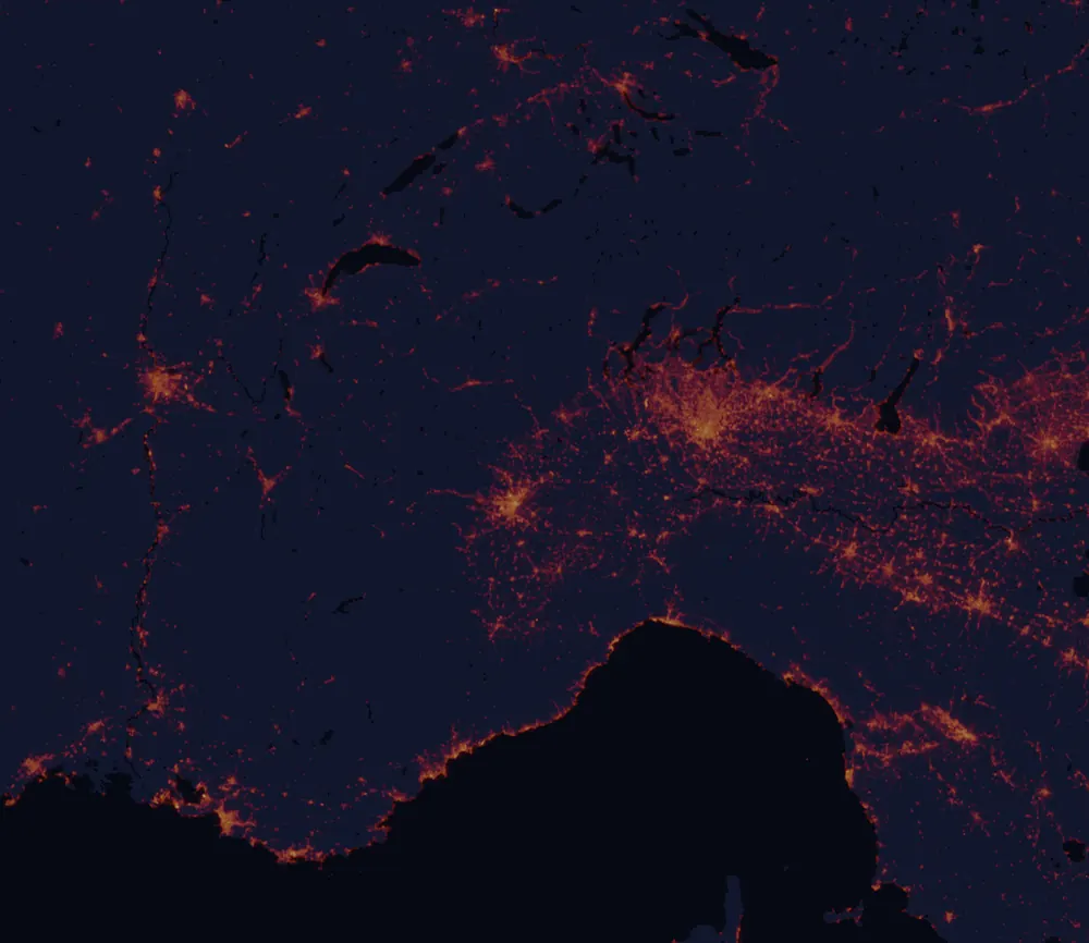 NASA satellite night-lights map of Piedmont with every place marked
