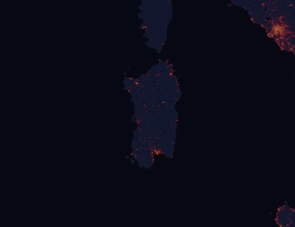 NASA satellite night-lights map of Sardinia with every place marked