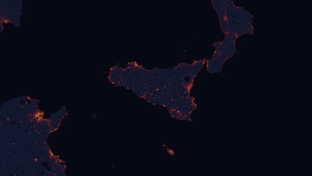 NASA satellite night-lights map of Sicily with every place marked