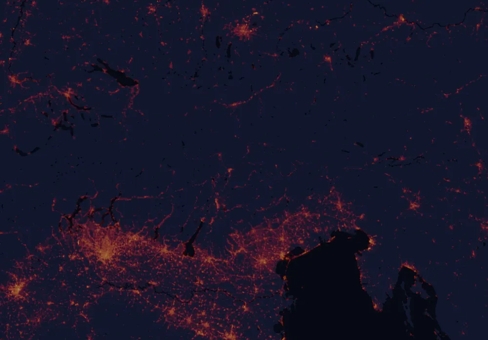 NASA satellite night-lights map of Trentino-Alto Adige with every place marked