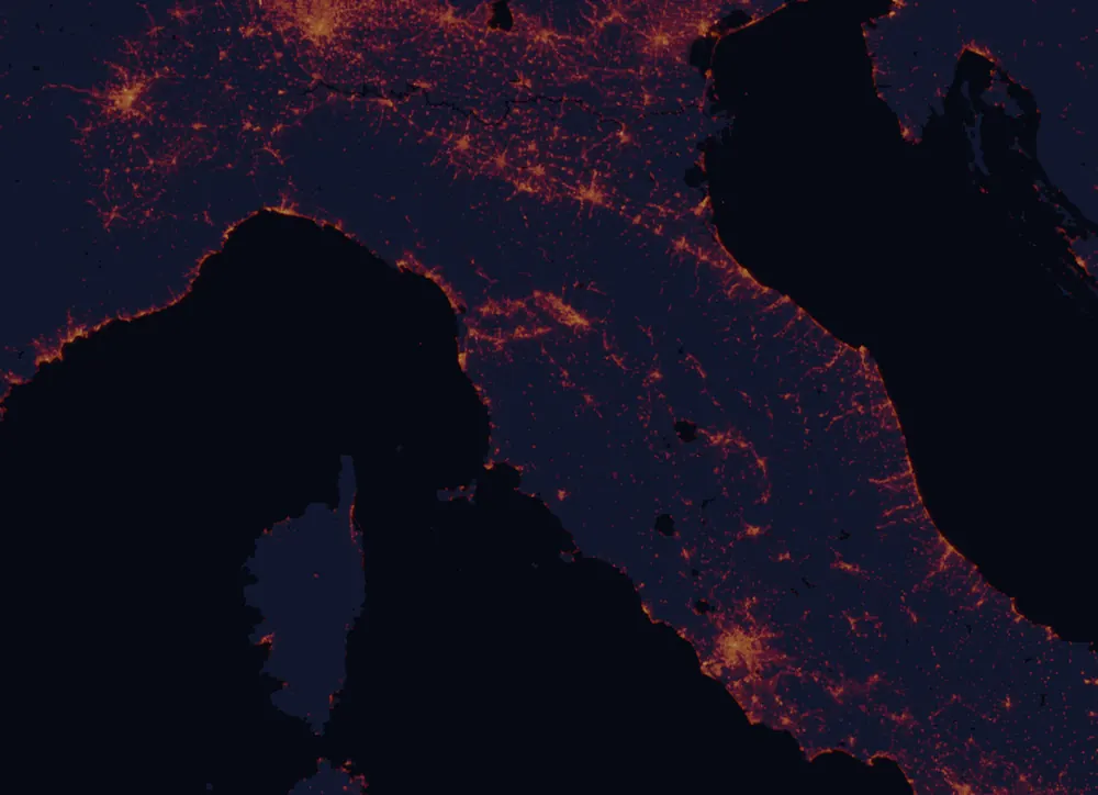 NASA satellite night-lights map of Tuscany with every place marked