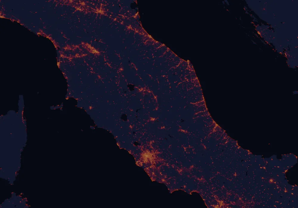 NASA satellite night-lights map of Umbria with every place marked