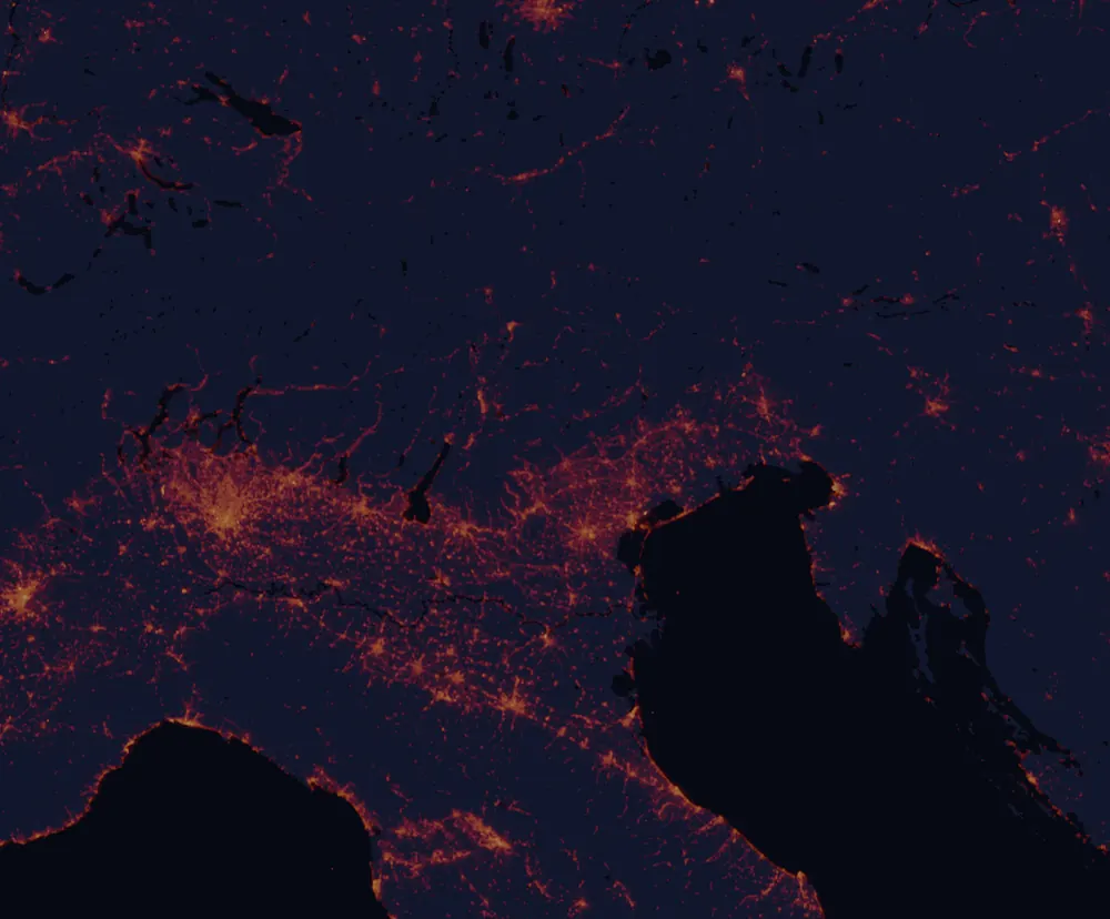 NASA satellite night-lights map of Veneto with every place marked