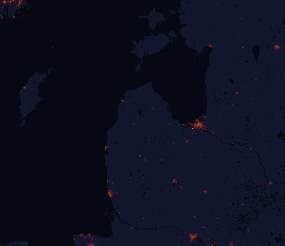 NASA satellite night-lights map of Kurzeme with every place marked