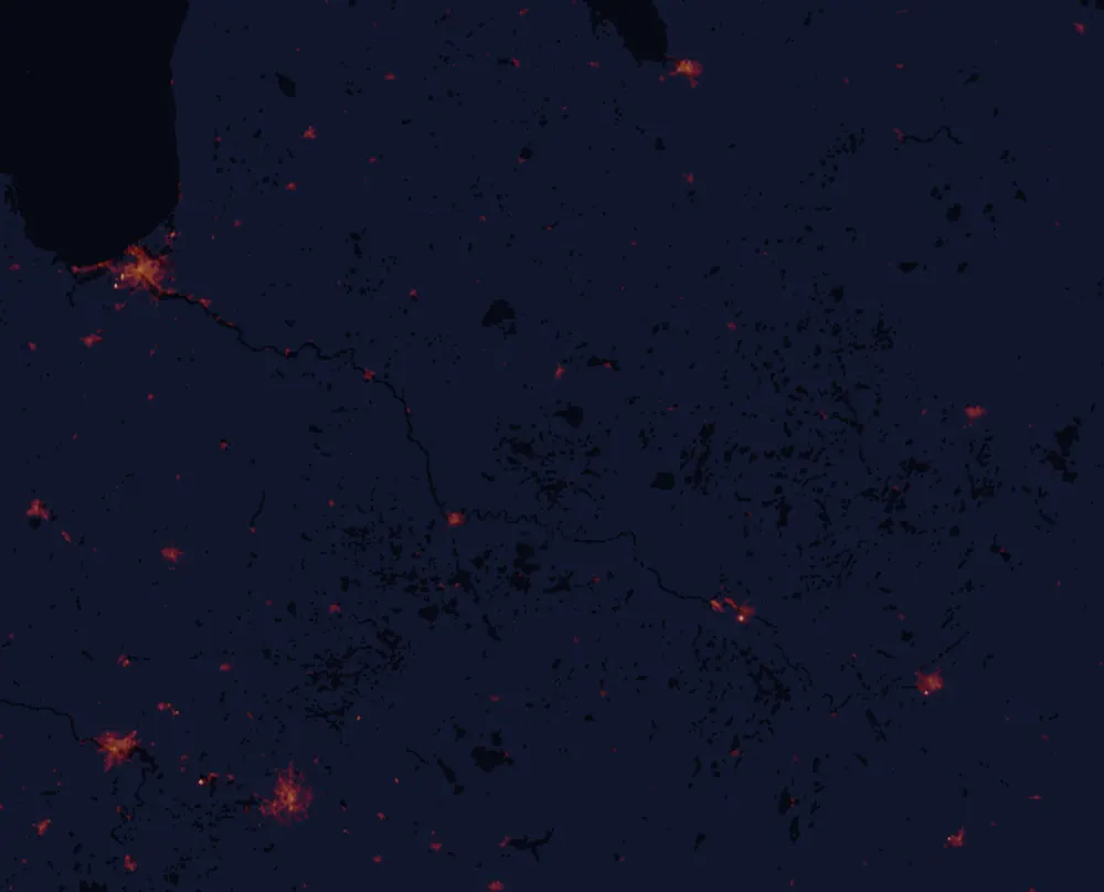 NASA satellite night-lights map of Latgale with every place marked