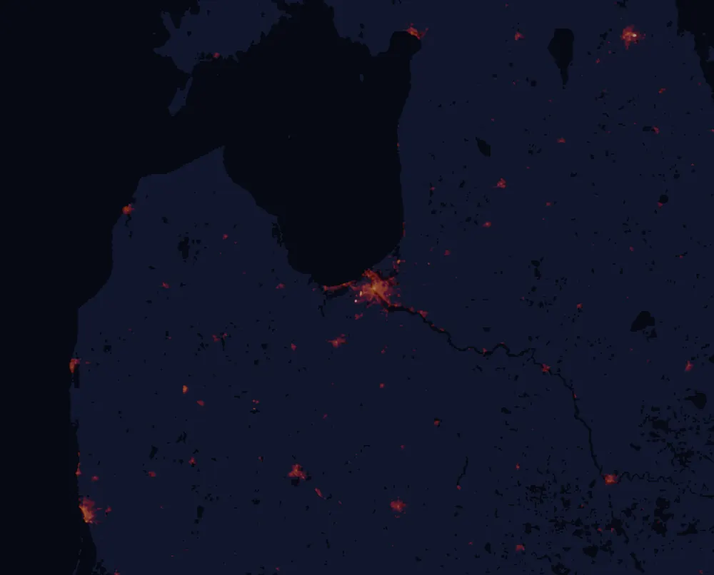 NASA satellite night-lights map of Riga Region with every place marked