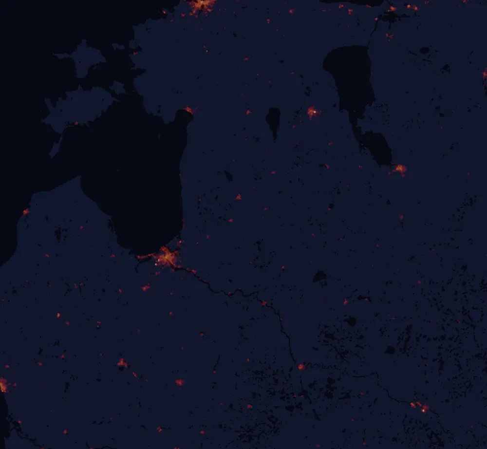 NASA satellite night-lights map of Vidzeme with every place marked