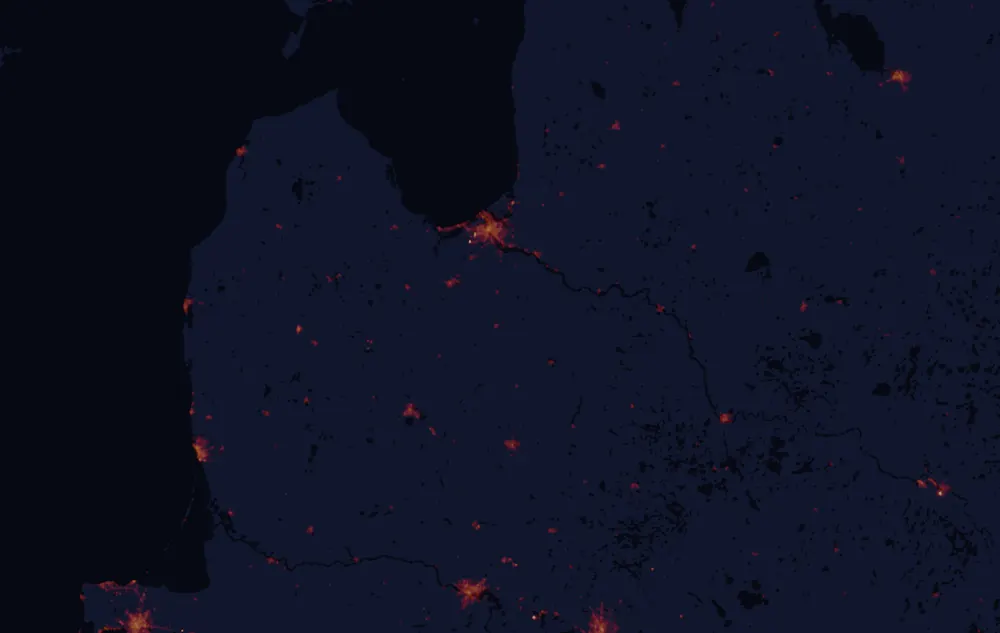 NASA satellite night-lights map of Zemgale with every place marked
