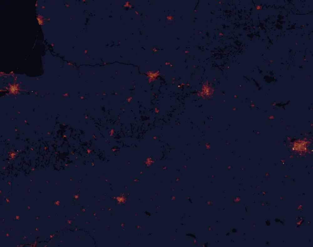 NASA satellite night-lights map of Alytus County with every place marked