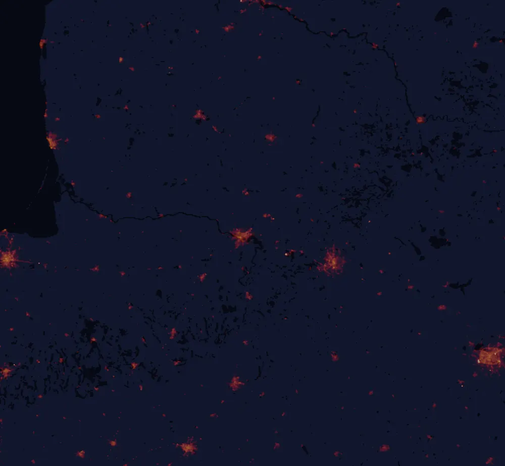 NASA satellite night-lights map of Kaunas County with every place marked