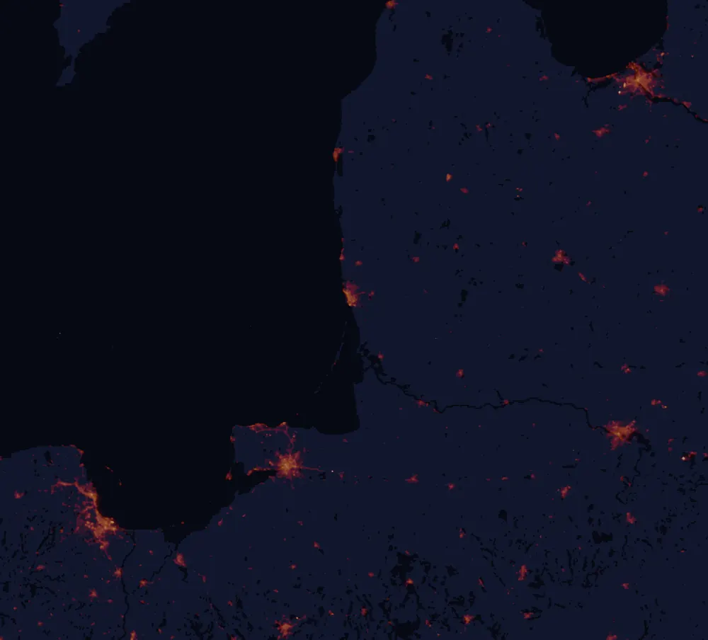 NASA satellite night-lights map of Klaipėda County with every place marked