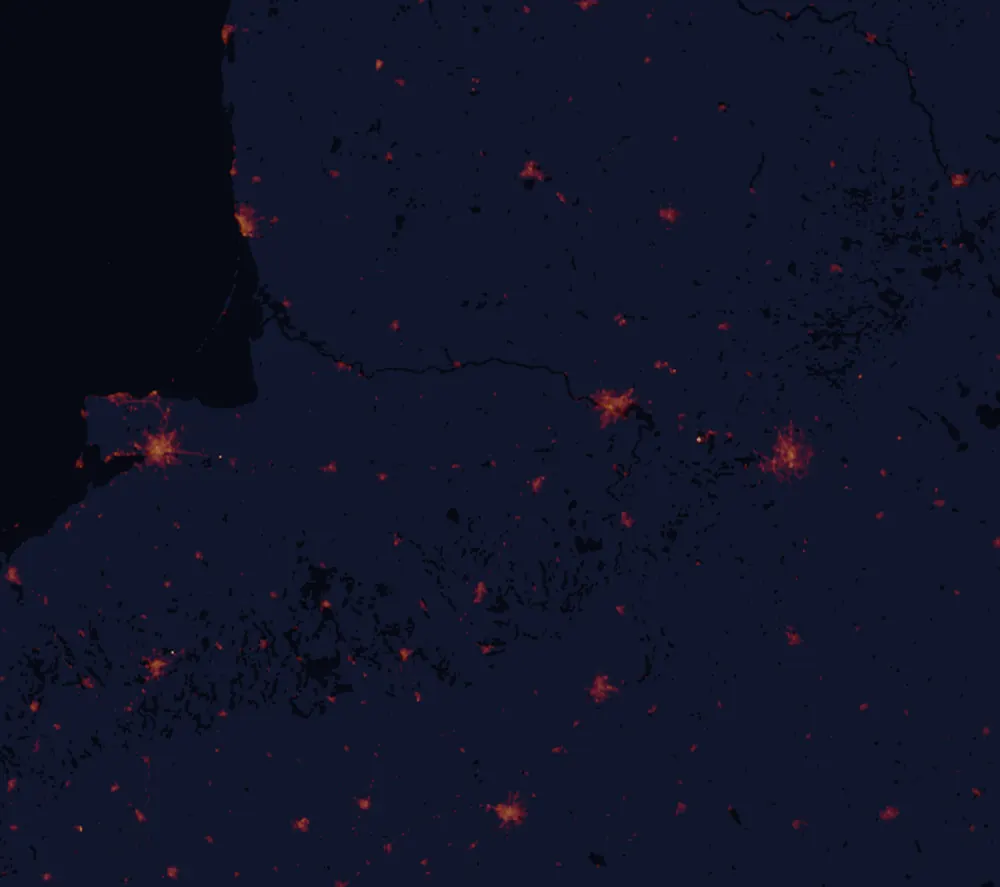 NASA satellite night-lights map of Marijampolė County with every place marked