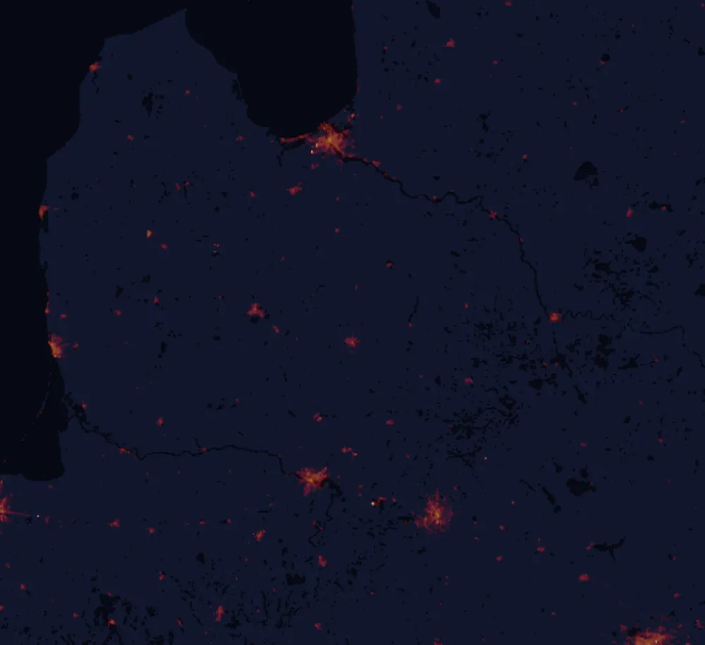NASA satellite night-lights map of Panevėžys County with every place marked