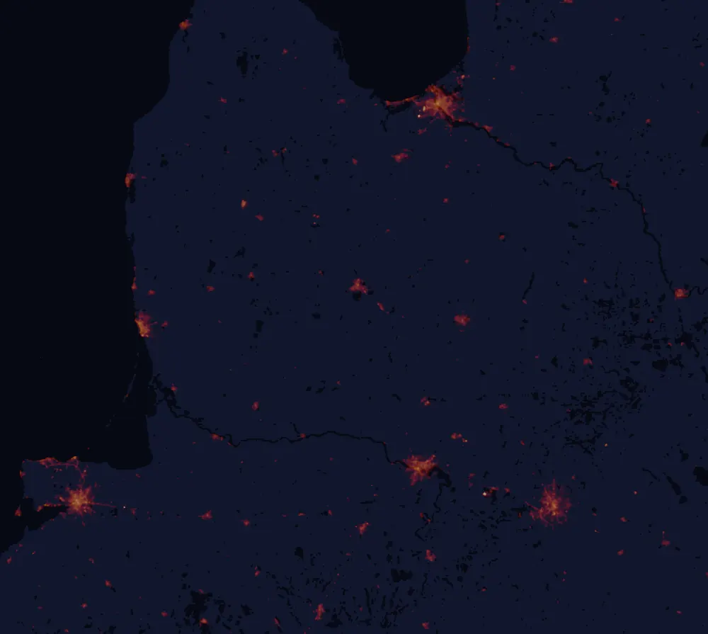 NASA satellite night-lights map of Šiauliai County with every place marked