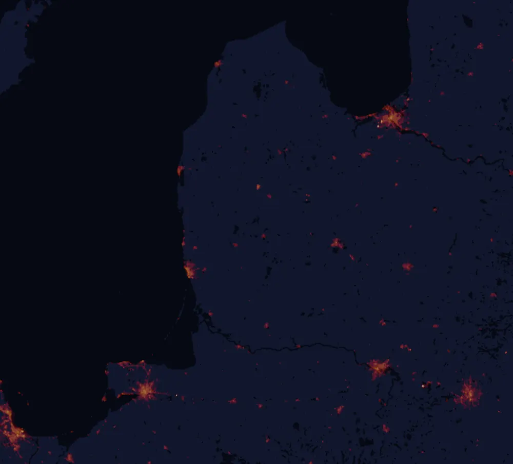 NASA satellite night-lights map of Telšiai County with every place marked