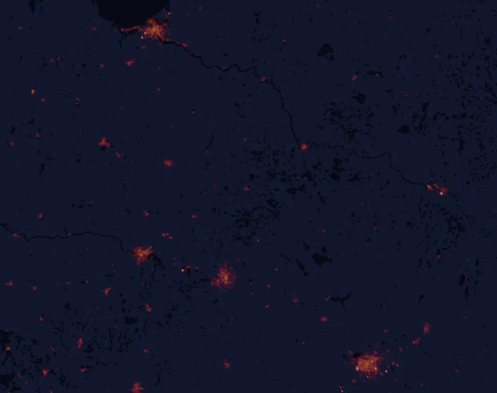 NASA satellite night-lights map of Utena County with every place marked