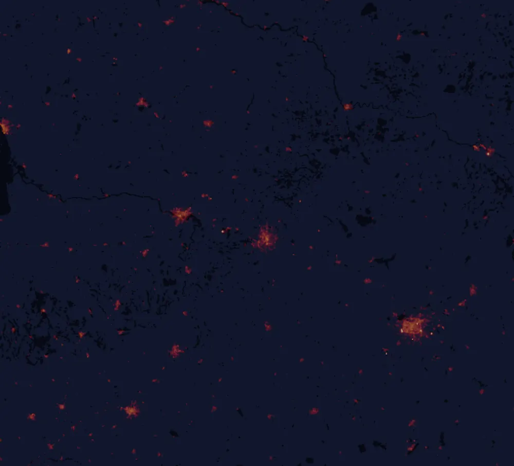 NASA satellite night-lights map of Vilnius County with every place marked