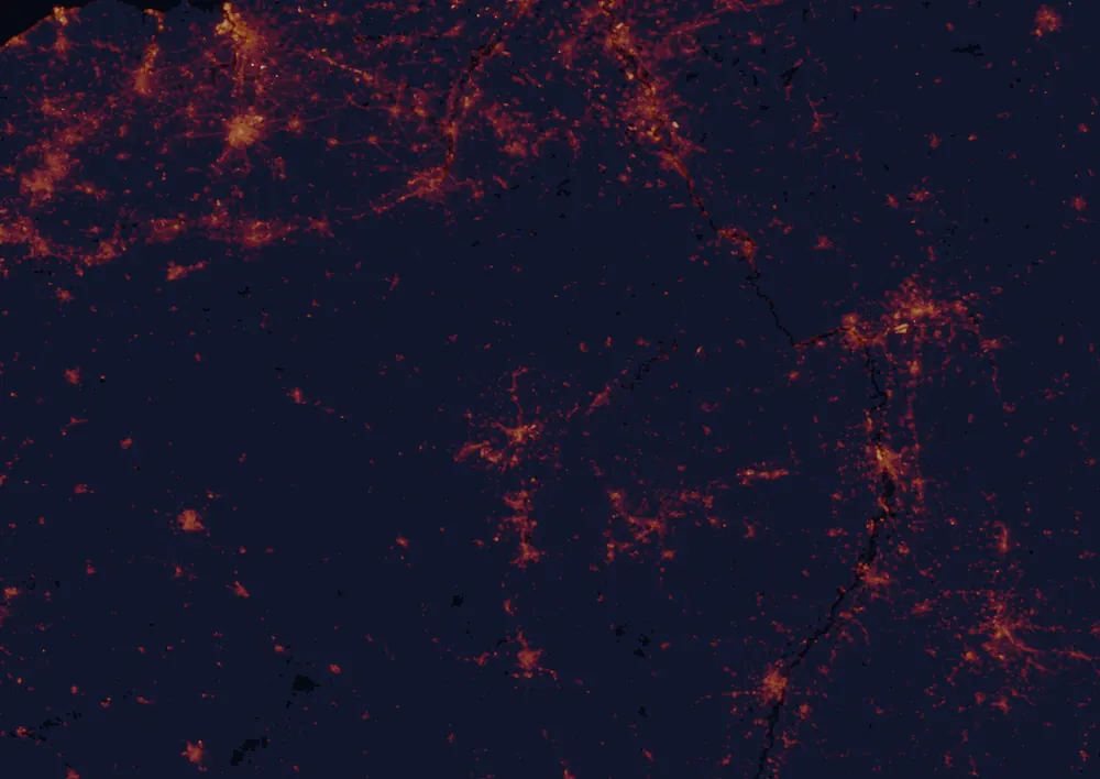 NASA satellite night-lights map of Echternach with every place marked