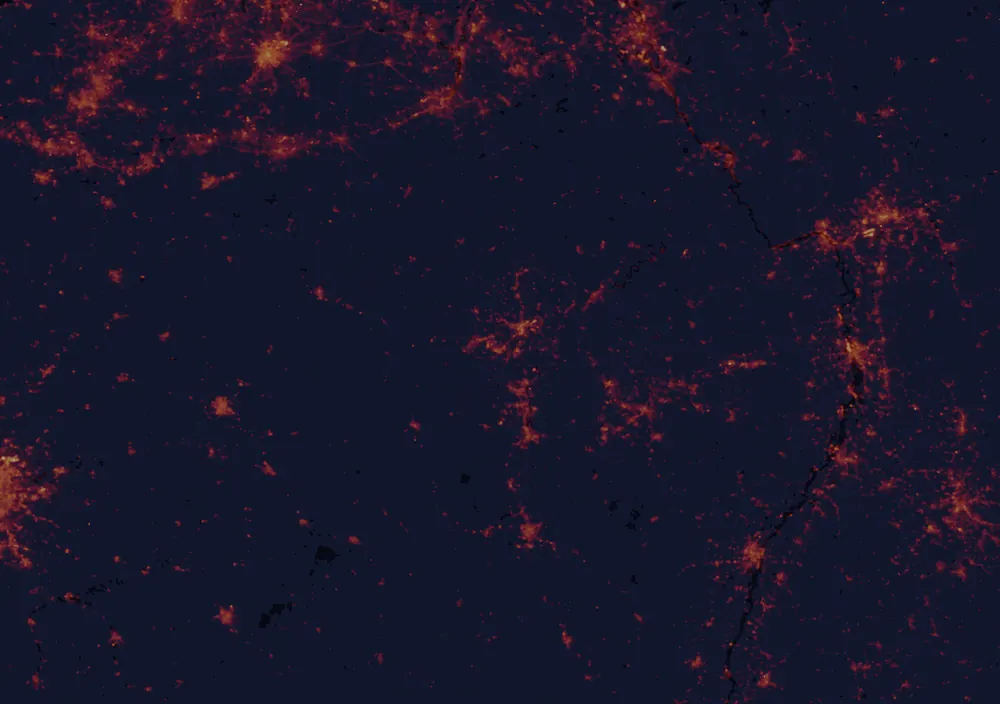NASA satellite night-lights map of Esch-sur-Alzette with every place marked