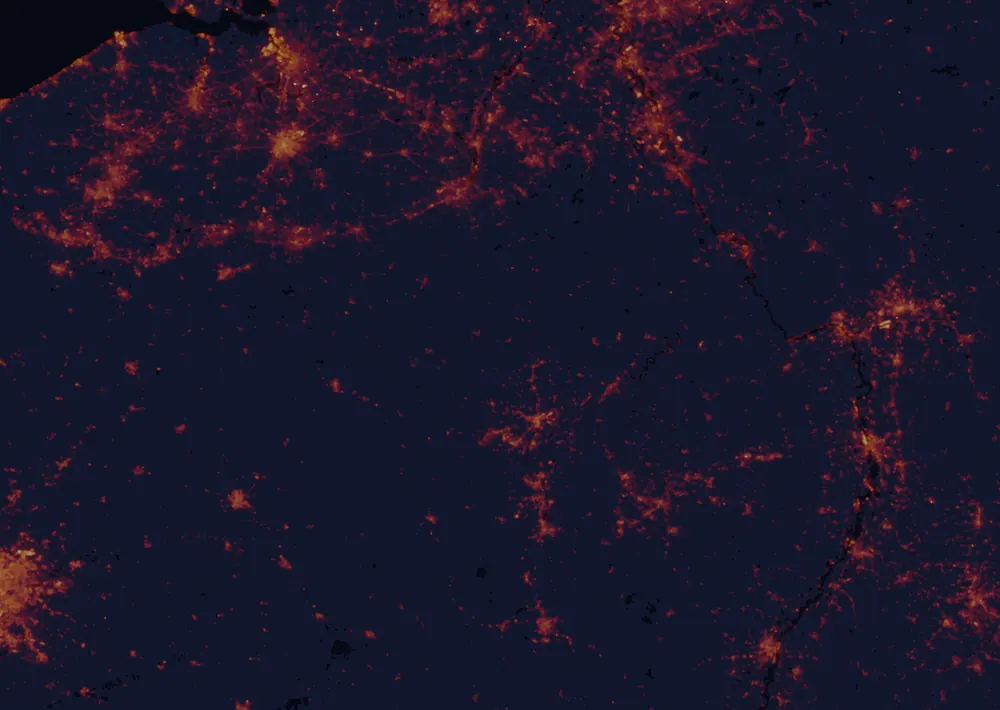 NASA satellite night-lights map of Wiltz with every place marked