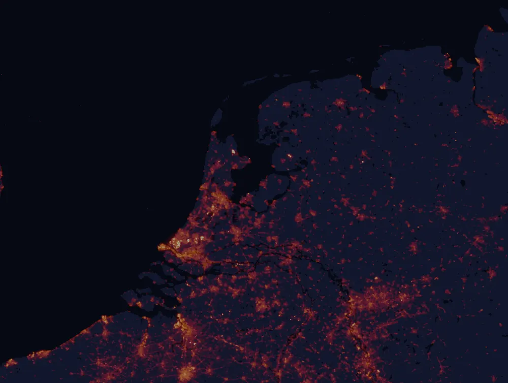 NASA satellite night-lights map of Flevoland with every place marked