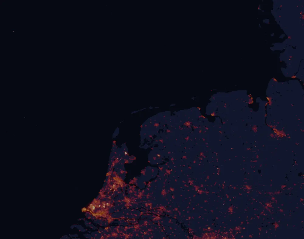NASA satellite night-lights map of Friesland with every place marked