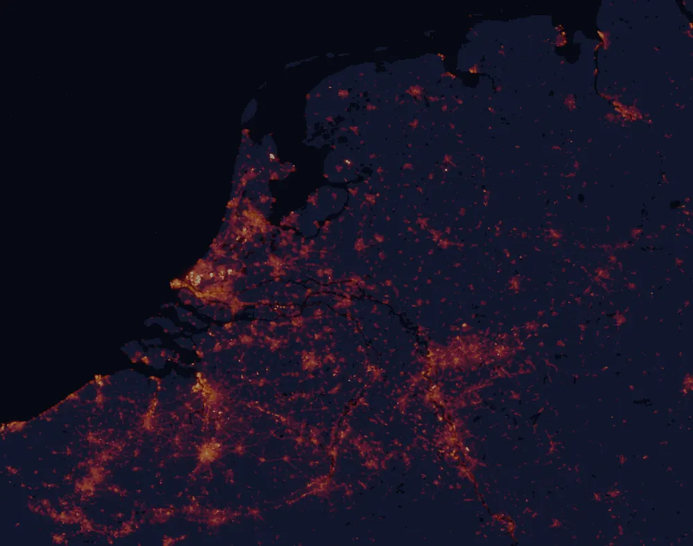 NASA satellite night-lights map of Gelderland with every place marked