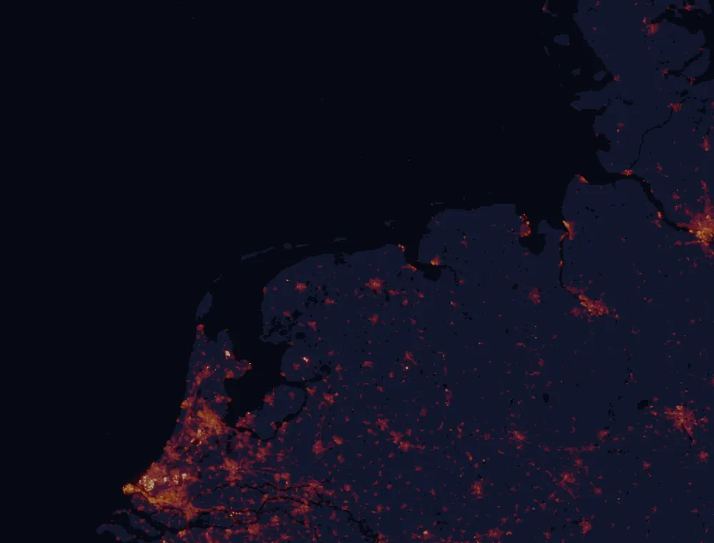 NASA satellite night-lights map of Groningen with every place marked