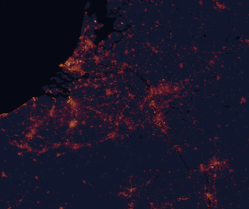 NASA satellite night-lights map of Limburg with every place marked