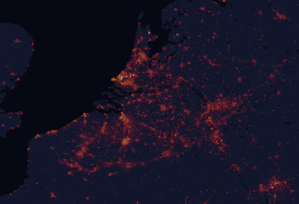 NASA satellite night-lights map of North Brabant with every place marked