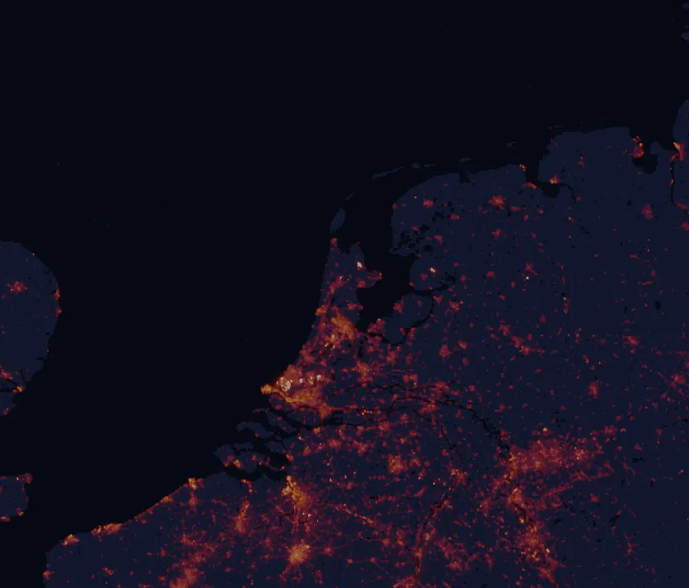 NASA satellite night-lights map of North Holland with every place marked