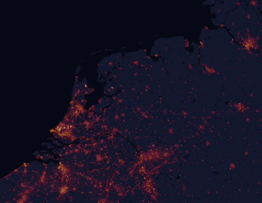 NASA satellite night-lights map of Overijssel with every place marked
