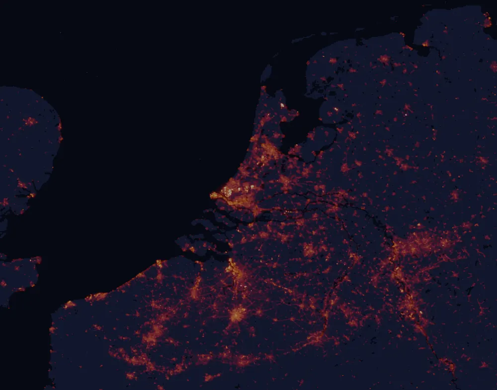 NASA satellite night-lights map of South Holland with every place marked