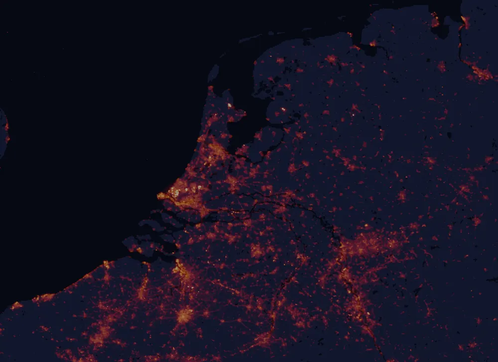 NASA satellite night-lights map of Utrecht with every place marked