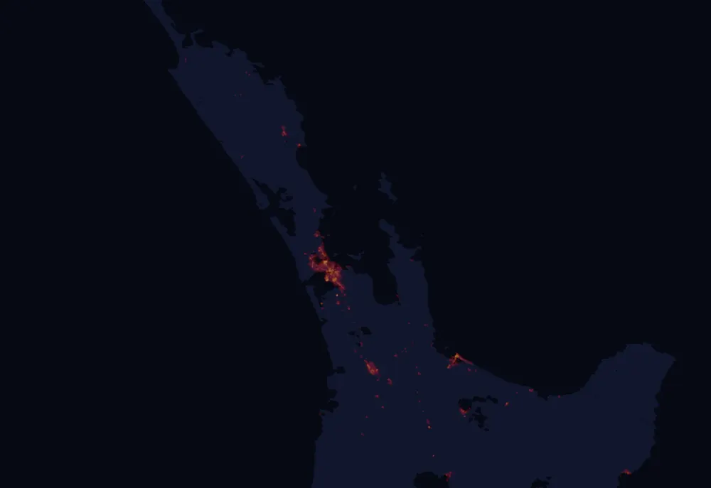 NASA satellite night-lights map of Auckland with every place marked