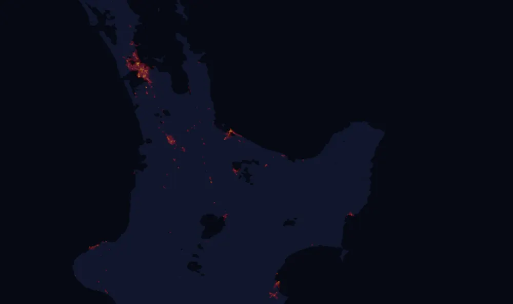 NASA satellite night-lights map of Bay of Plenty with every place marked