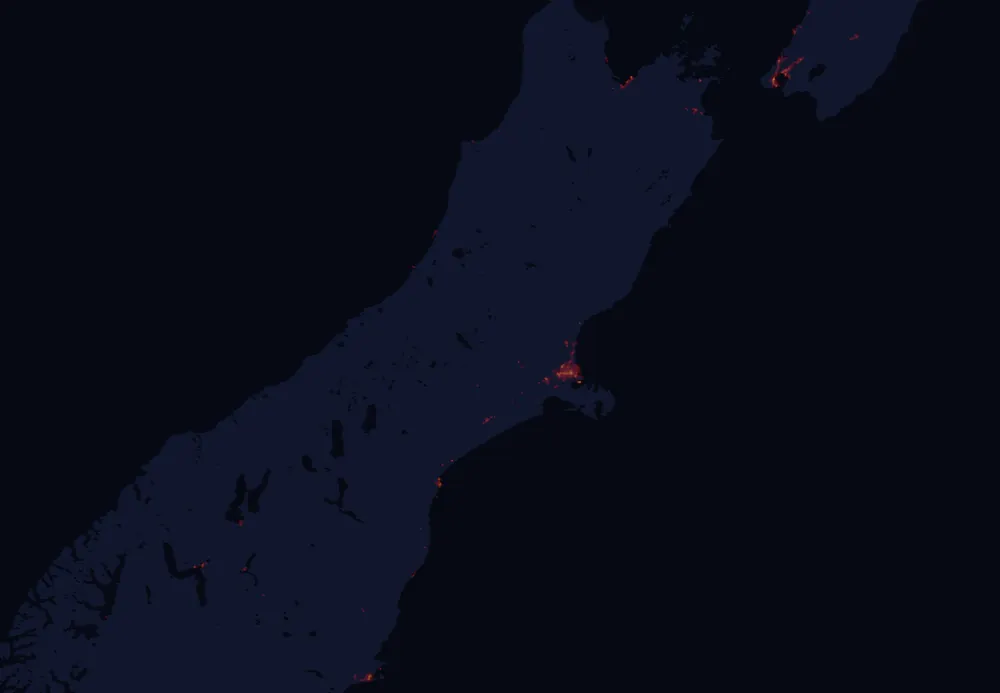 NASA satellite night-lights map of Canterbury with every place marked