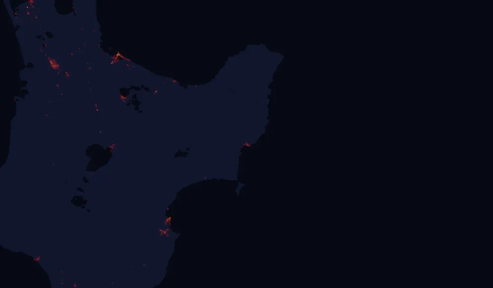NASA satellite night-lights map of Gisborne with every place marked